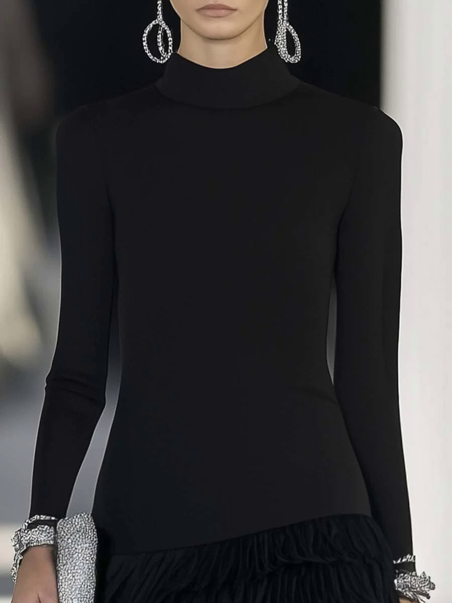 【24-hour shipping out】Elegant and Fashionable Half-high Collar Feather Hem Stitching Black Midi Dress