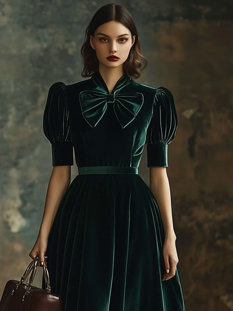 【24-hour shipping out】Fashion Party Bow Tie Solid Color Velvet Short Sleeve Maxi Dress