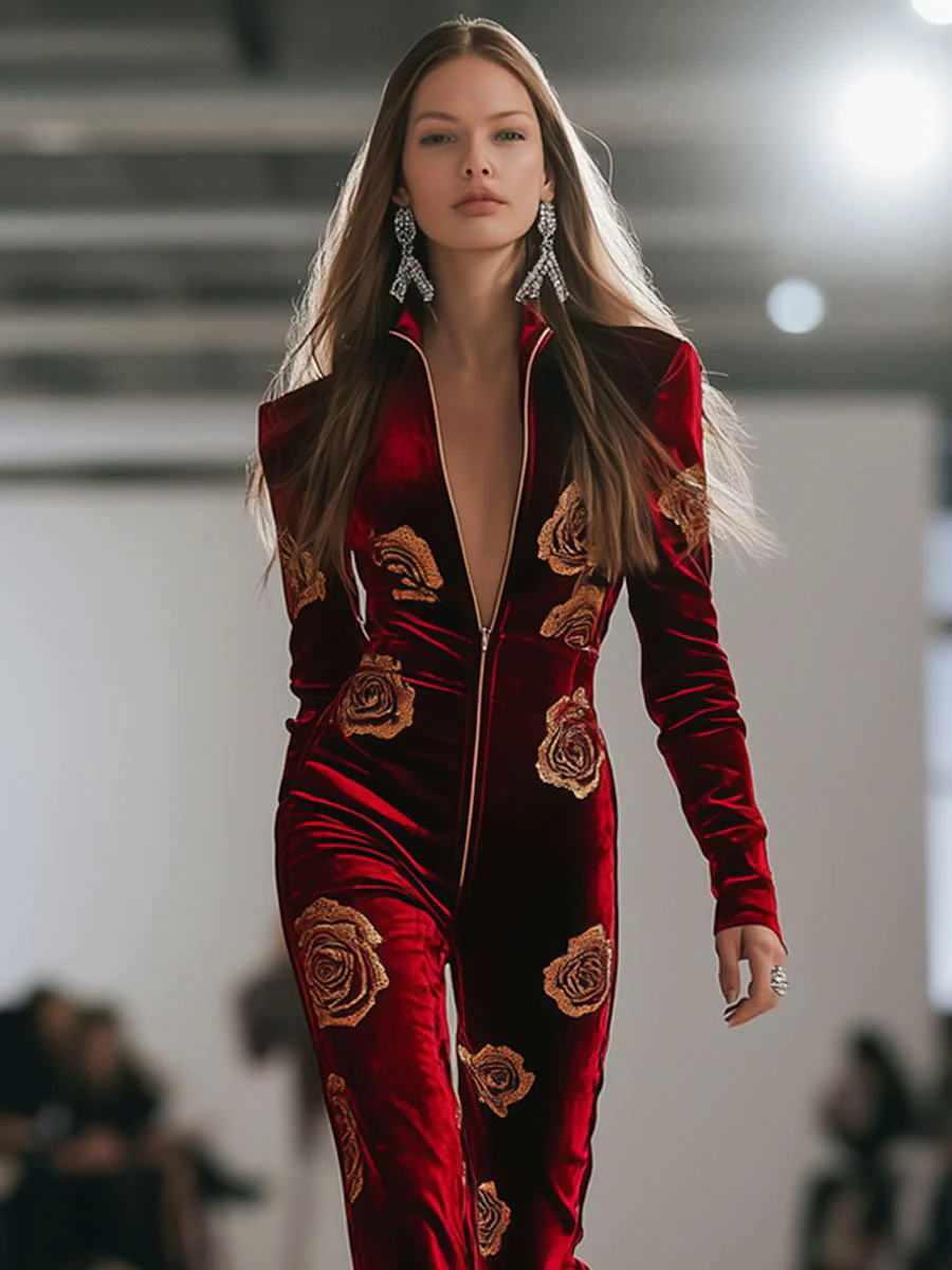 【24-hour shipping out】Casual Loose Retro Red Velvet Gold Rose Printed Zipper Long Sleeve Jumpsuit