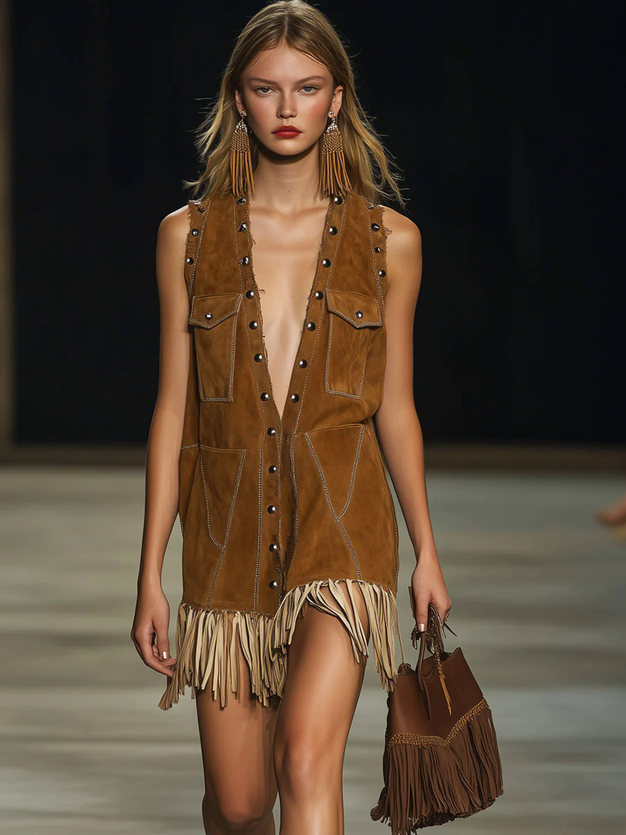 【24-hour shipping out】Casual Loose Vintage Camel Suede Rivet Vest Tassel Mini Dress