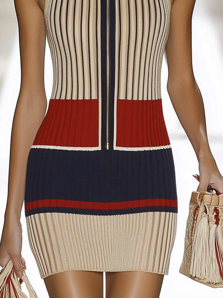 【24-hour shipping out】Casual Retro Contrast Stripe Knit Sleeveless Zipper Mini Dress