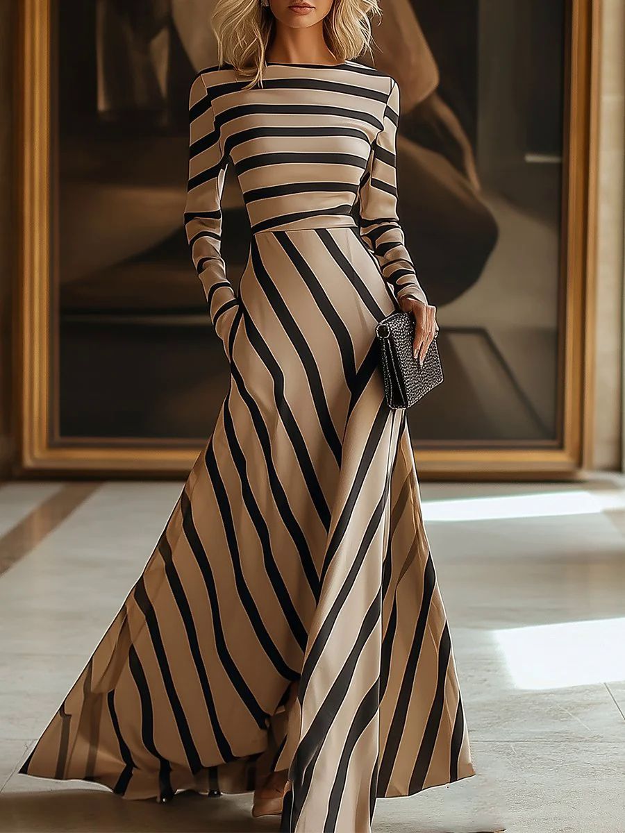 【24-hour shipping out】Fashion Slim Striped Khaki Long Sleeve Maxi Dress