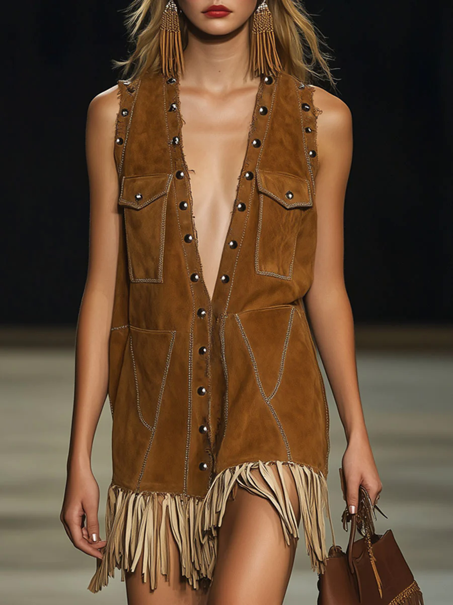 【24-hour shipping out】Casual Loose Vintage Camel Suede Rivet Vest Tassel Mini Dress