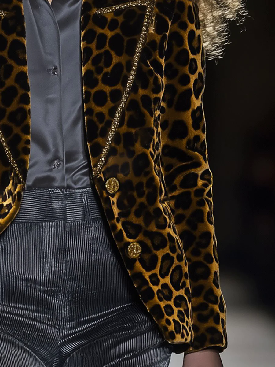 【24-hour shipping out】Casual Fashion Velvet Leopard Print Lapel Gold Edge Blazer