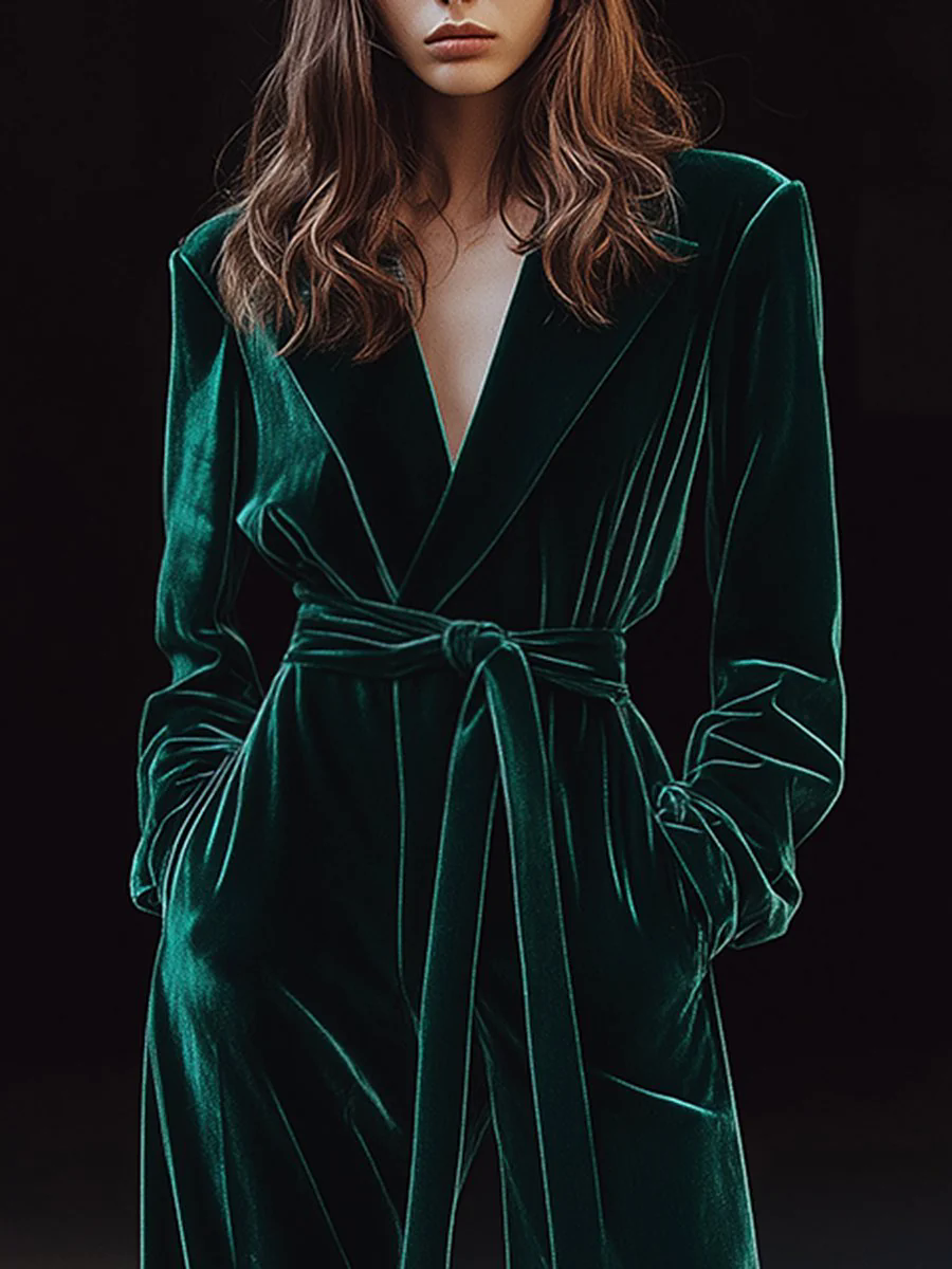 【24-hour shipping out】Retro Fashion Lapel Tie Pocket Velvet Jumpsuit