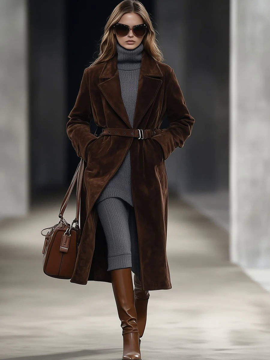 【24-hour shipping out】Casual Loose Retro Solid Chocolate Color Belted Suede Mid-Length Coat