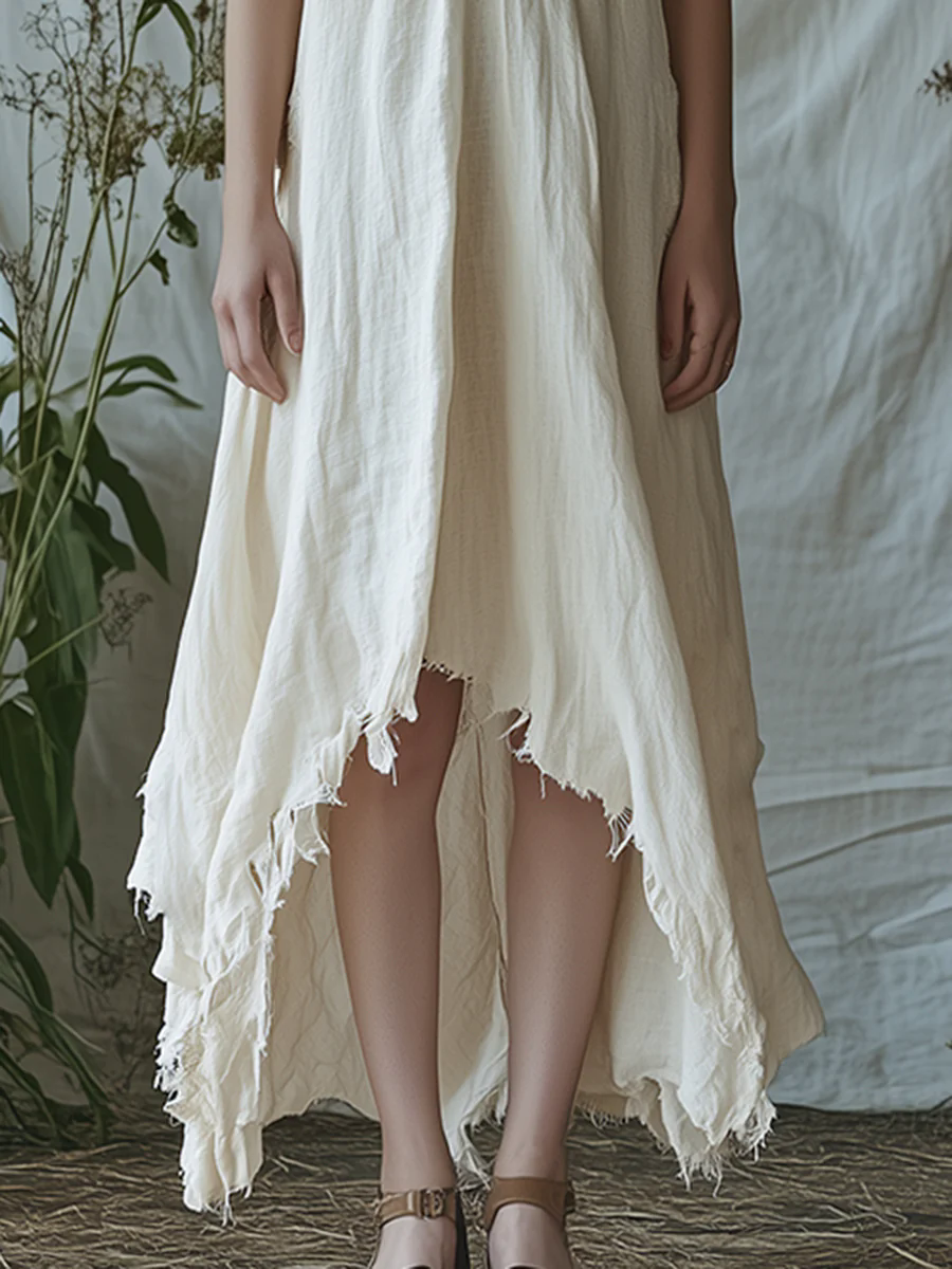 Simple And Fashionable Irregular Raw Edge Hem Sleeveless Beige Cotton And Linen Maxi Dress
