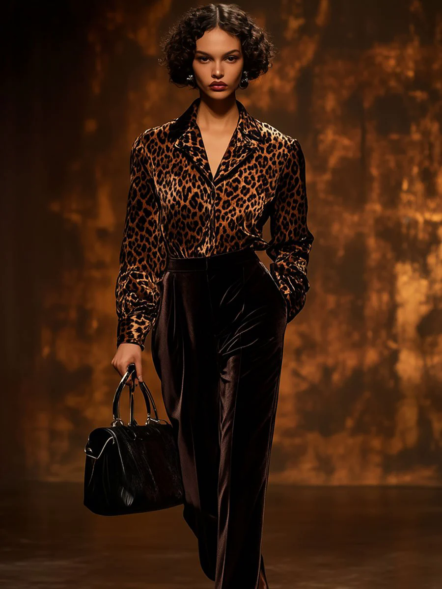 【24-hour shipping out】Casual Loose Vintage Velvet Leopard Print Long Sleeve Blouse