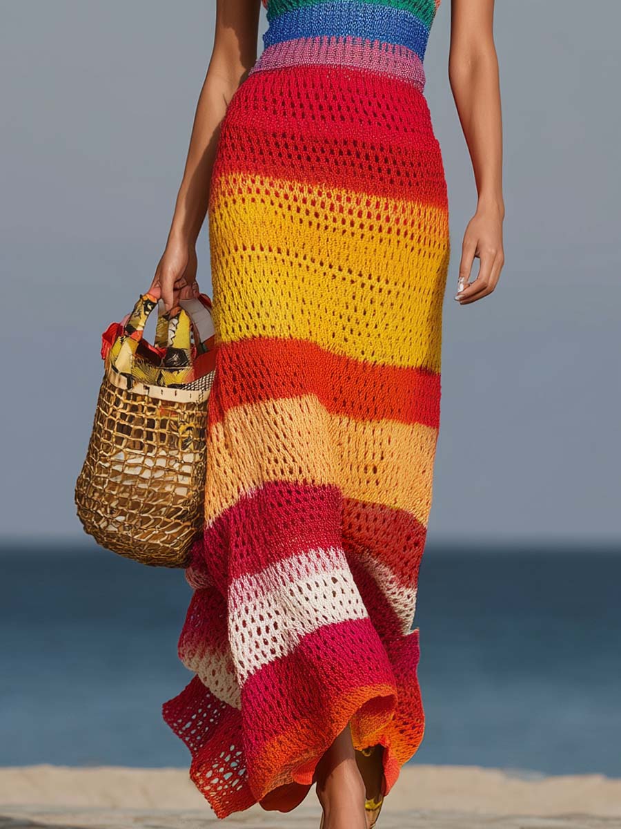 Retro Fashion V-Neck Colorful Striped Hollow Knitted Maxi Dress
