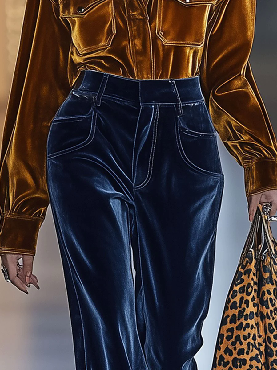 【24-hour shipping out】Casual Loose Retro Pocket Solid Velvet Long Sleeve Blouse