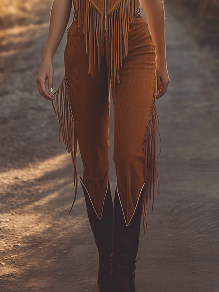 【24-hour shipping out】Western Fringed Brown Suede Vest Zip-Up Jumpsuit