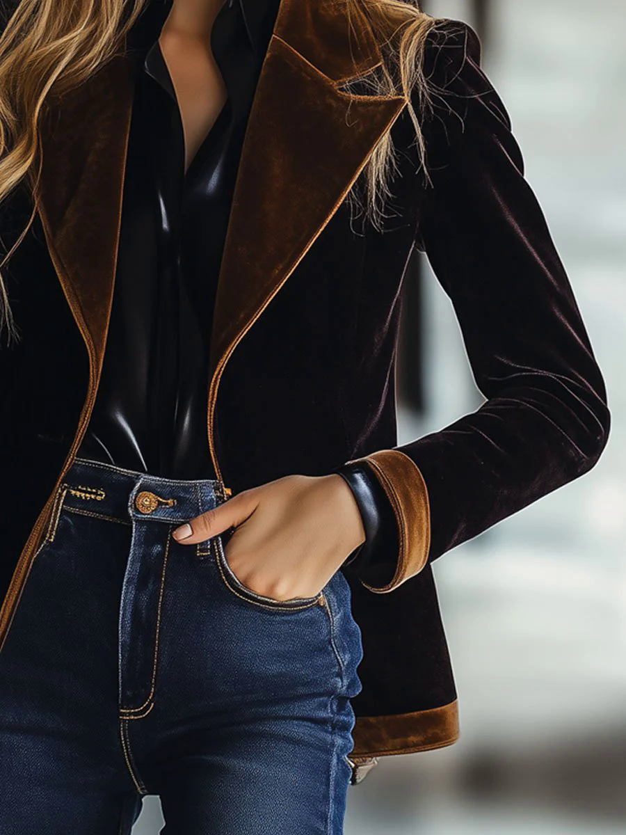 【24-hour shipping out】Casual Loose Vintage Velvet Colorblock Lapel Pocket Blazer