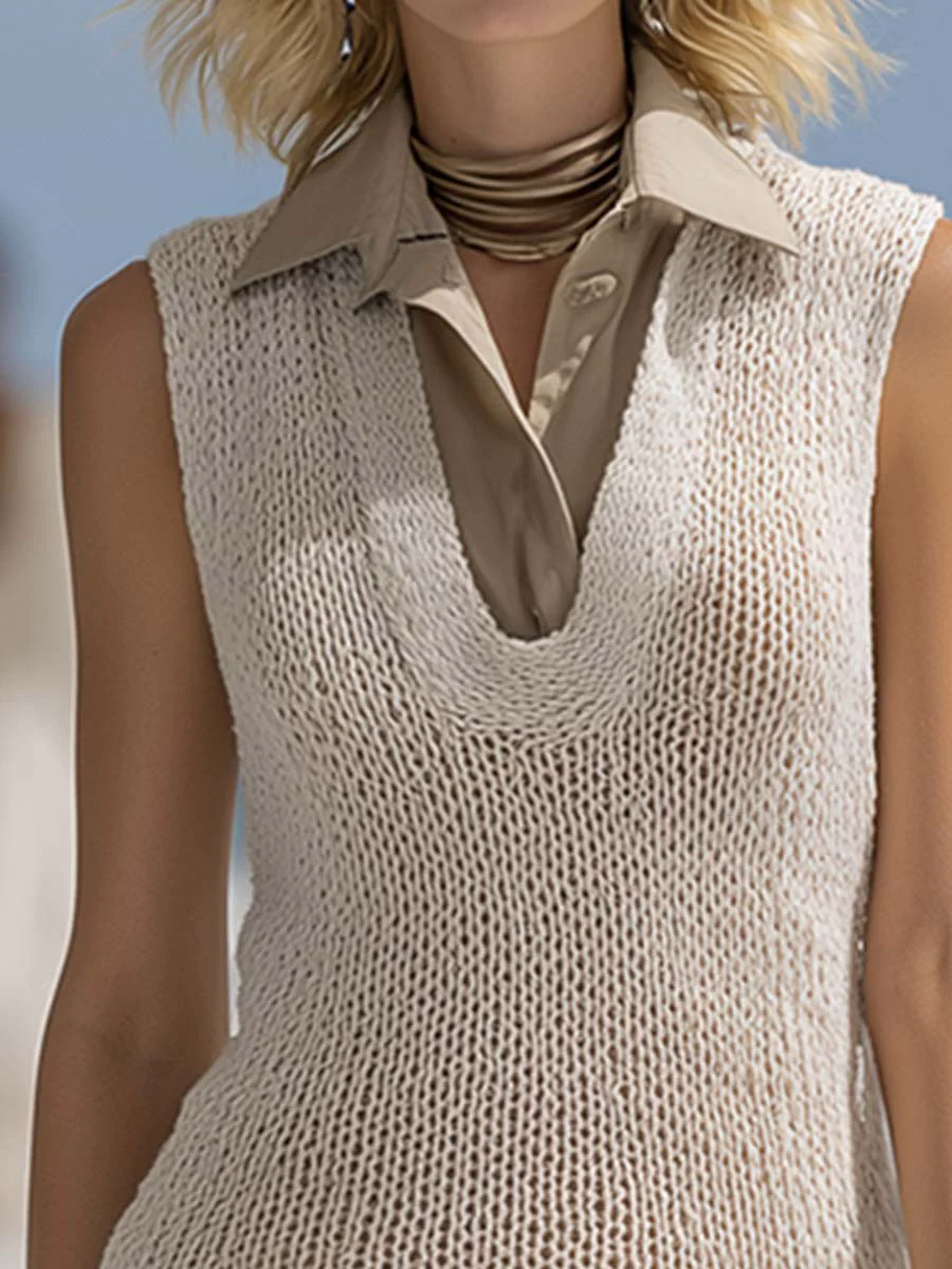 Fashionable And Elegant Shirt Collar White Mesh Knitted Summer Mini Dress