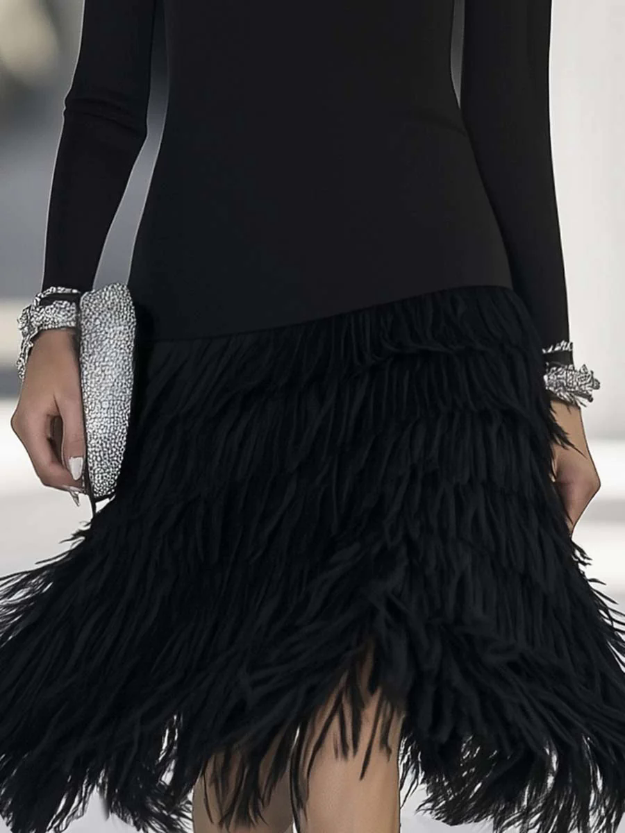 【24-hour shipping out】Elegant and Fashionable Half-high Collar Feather Hem Stitching Black Midi Dress