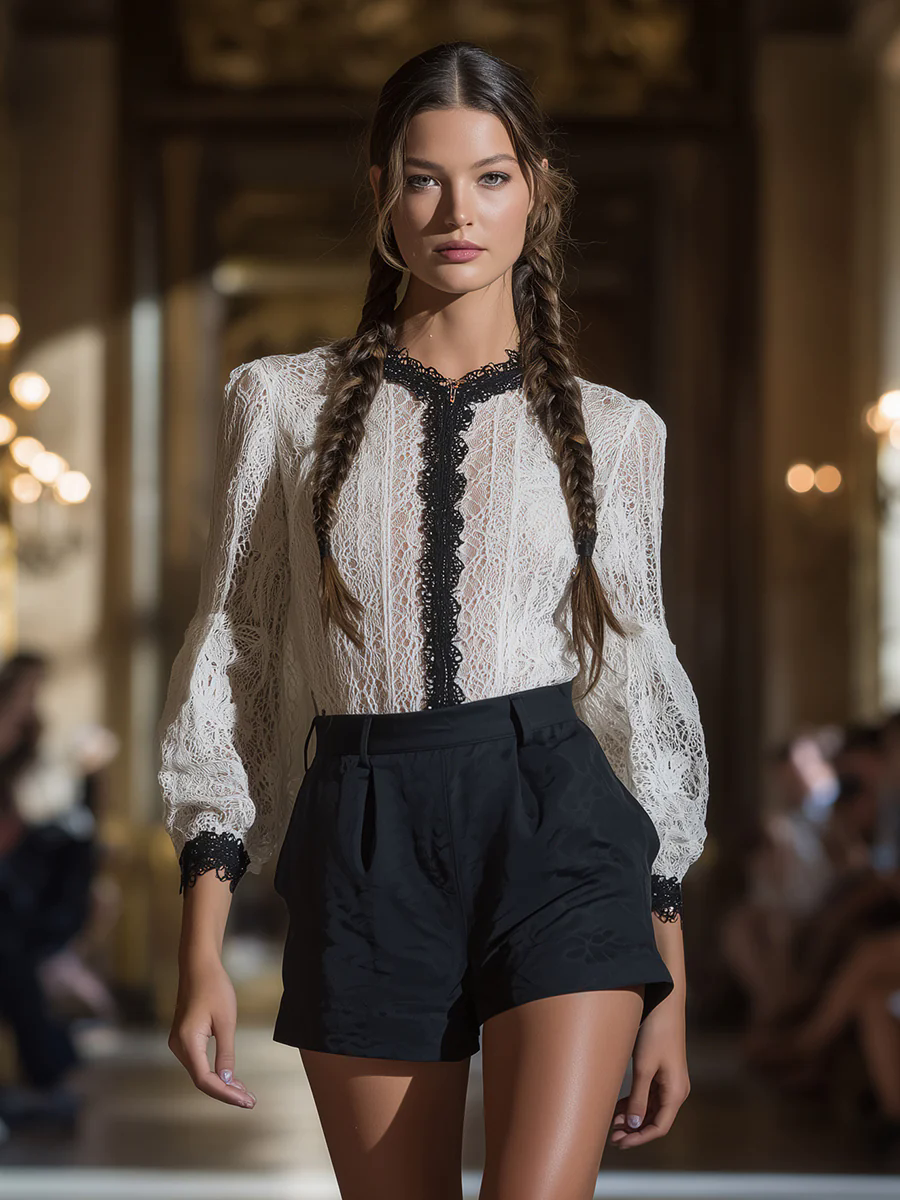 High-end Fashion Black And White Lace Long-sleeved Top