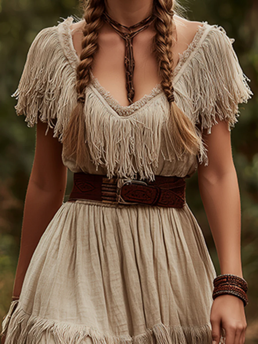 Retro Western Style Tassel Splicing Khaki Cotton And Linen Midi Dress