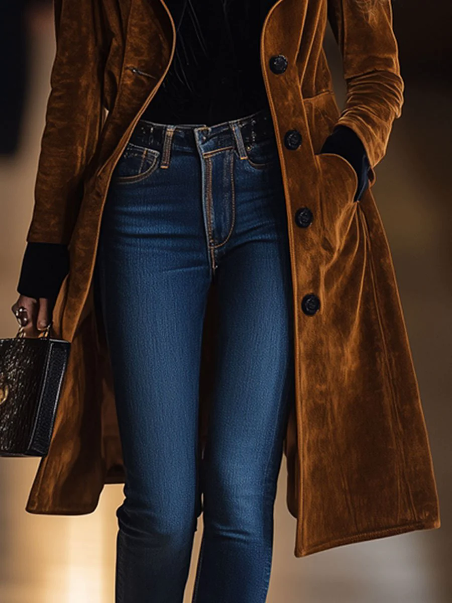 【24-hour shipping out】Casual Loose Vintage Caramel Suede Black Lapel Single Breasted Coat