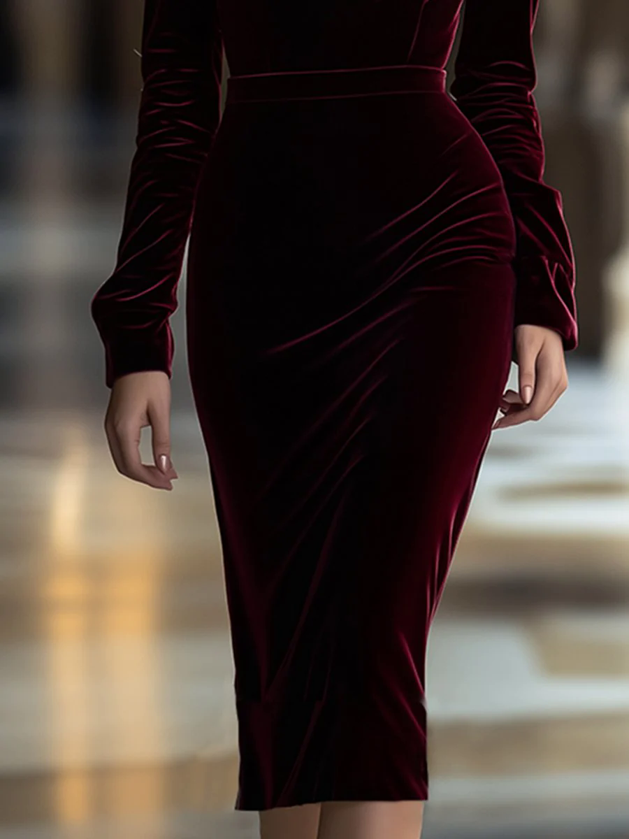 【24-hour shipping out】High-End Fashion V-Neck Ruffled Velvet Midi Dress