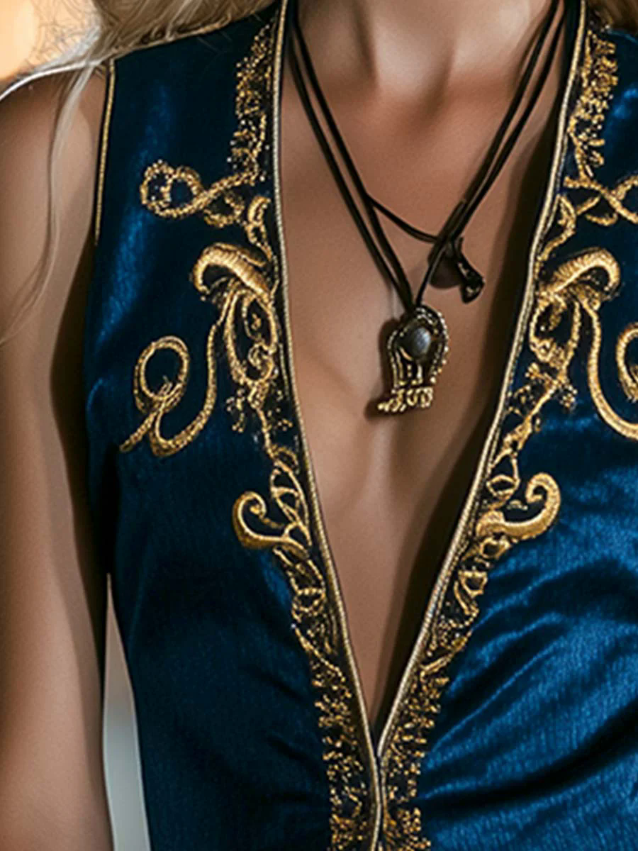 Retro Adventure Pirate Aesthetic Dark Blue Satin Embroidered Vest